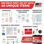 M2 BASICS Premium 300 Piece Professional First Aid Kit, 40 Unique Items, Durable Carry Bag for Home, Car, Business, Travel & Vehicle