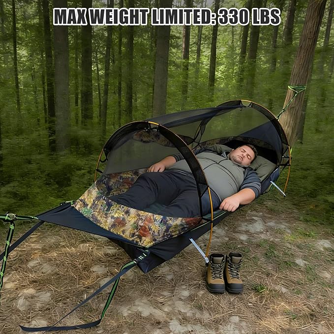 Night Cat Flat Lay Hammock Tent with Mosquito Net Waterproof Rainfly for 1 Person Backpacking Hiking Camping Lightweight 330LBS 87x28x19in