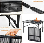 4 ft Folding Table with Metal Mesh Desktop, Grill Table Camping Table with Carry Handle,Adjustable Height (16.5" & 26"), Outdoor Table for Camp, Cooking, BBQ, RV, Picnic,Fits 4–8 People,Black