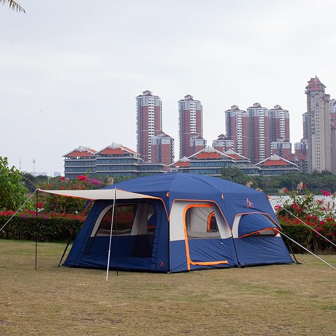 KTT Extra Large Tent 10-12-14 Person(Style-B),Family Cabin Tents,2 Rooms,3 Doors and 3 Windows with Mesh,Straight Wall,Waterproof,Double Layer,Big Tent for Outdoor,Picnic,Camping,Family Gathering