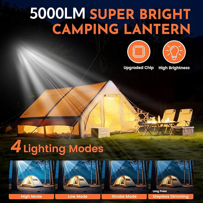 12000mAh 5000LM Camping Lights 2Pack, 42W Tent Light Rechargeable, Flashlight Portable, LED Camping Lantern, Canopy Lights Outdoor, Lanterns for Power Outages, Waterproof Emergency Gear for Hurricane