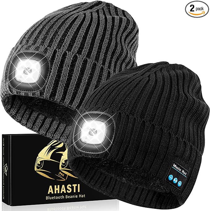 2 Pack Bluetooth Beanie Hat with Light for Men, Rechargeable LED Beanie with Light, Headlamp Cap Wireless Headphones, Christmas Gifts for Teens Stocking Stuffers for Men Dad（Black&Gray）