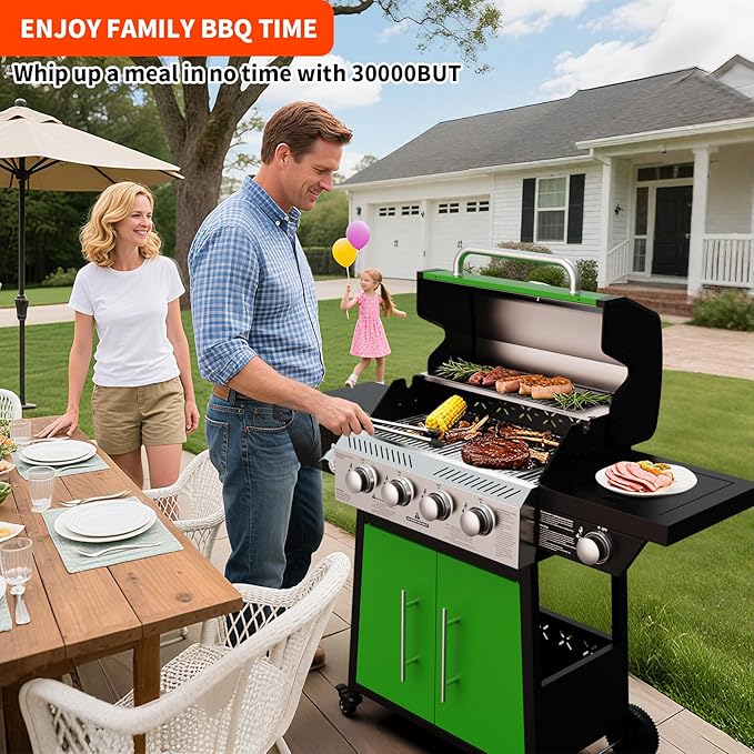 4-Burner Propane Gas Grill with Side Burner, 50,000 BTU Outdoor Gas BBQ Grill with Stainless Steel Grates and Side Tables for Outdoor Cooking Kitchen, Patio and Backyard, Green