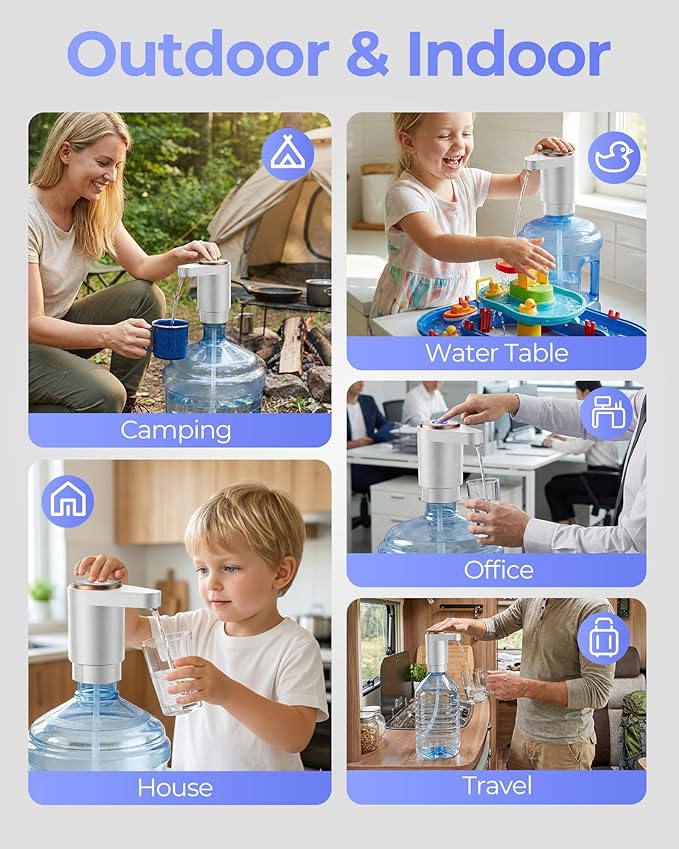 Water Jug Pump for 5 Gallon Bottle – Portable Electric USB-C Charging Dispenser, Dual Powerful Motors, Fast Flow, Fits 2-5 Gallon Jugs – Ideal for Home, Office, Camping, RV, White