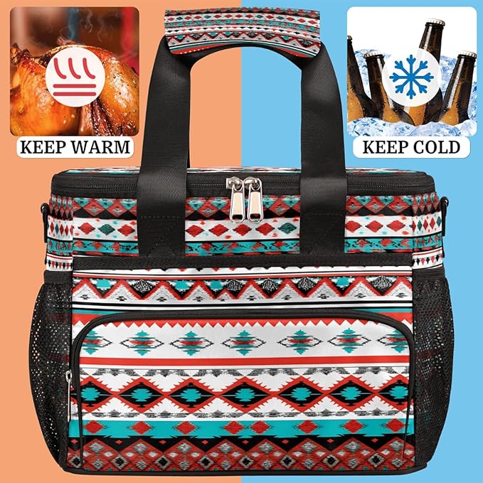 Leakproof Reusable Insulated Cooler Lunch Bag Ethnic Aztec Geometric Picnic Lunch Box for Women Men Cooler Tote Office Work Camping Beach 24 Can 15L