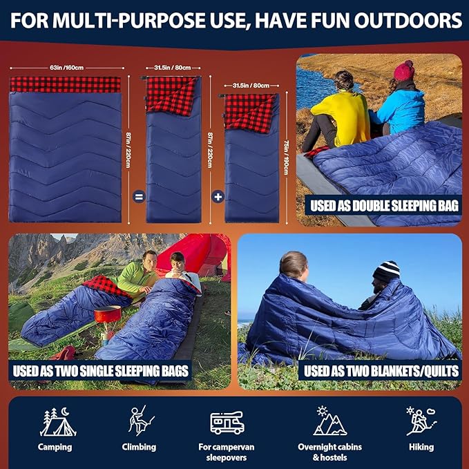 XL Queen Size 2 Person Double Sleeping Bag for Adults, Lightweight Compact with Flannel Liner & Thermolock Draft Tube, Machine Washable All Season Camping Travel