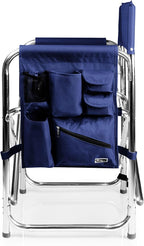 PICNIC TIME Sports Chair with Side Table and Armrest Caddy, Lightweight Aluminum Folding Outdoor Camping Chair for Adults, Portable Director Style Lawn Seating with Pockets & Carry Strap, (Navy Blue)