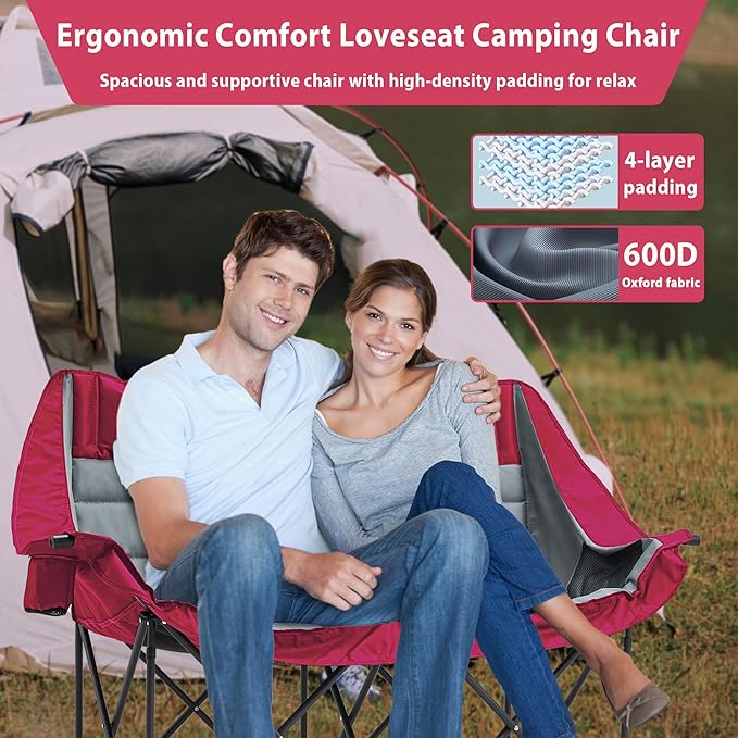 Oversized Double Camping Chair, Folding Loveseat Camping Couch with Pocket, Cup Holder and Carry Bag, Heavy Duty Portable Camping Chairs for Adults, Fishing, Sports, Trip, up to 660lbs, Red