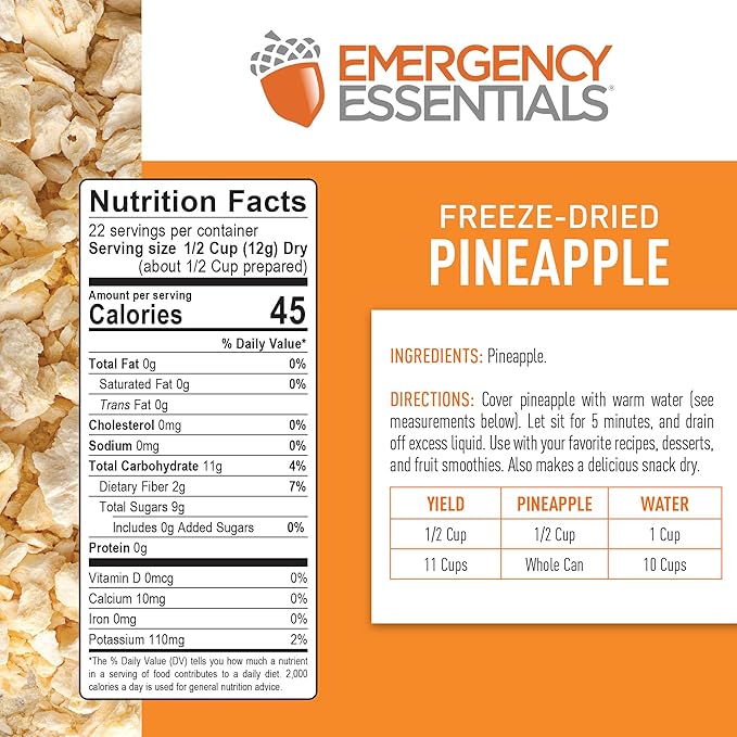 Emergency Essentials Freeze-Dried Pineapple Dices #10 Can | 22 Servings of Real Fruit | 30-Year Shelf Life | Long-Term Emergency Food, Snack, and Dessert Ingredient | Lightweight & Ready to Eat