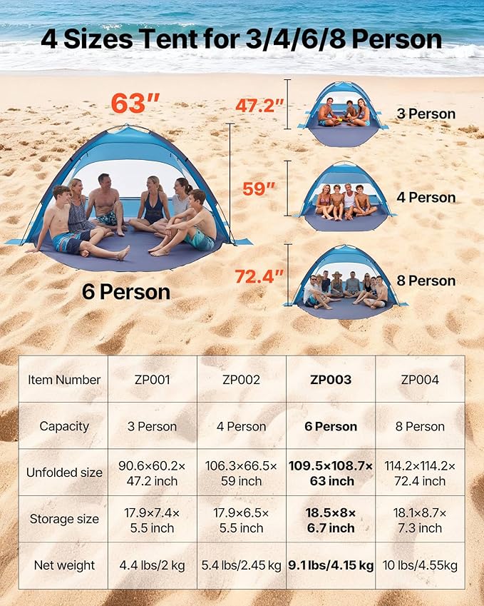 VEVOR Beach Tent Sun Shelter for 6 Person, UPF 50+ Protection, Portable Sun Shade Beach with Carrying Bag & Sand Pockets, Lightweight and Easy Setup Beach Umbrella for Camping Fishing Outdoor Picnic