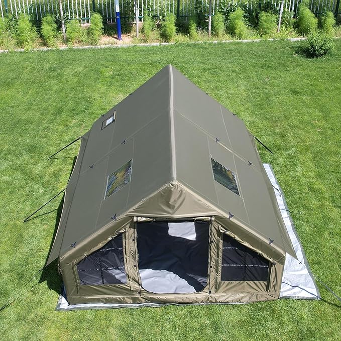 Large Luxury Inflatable Camping Tent Cotton Canvas Tent, Breathable and Waterproof Air Tent with Skylight and Stove Jack Hole for for 4-6-8-10 Person Family Camping