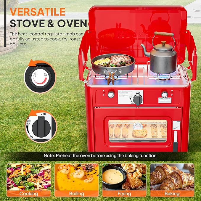 ROVSUN 2-in-1 Portable Camping Stove & Propane Oven with Piezo Igniter, 2 Burner Stove & Outdoor Oven with Adjustable Fire, Thermometer, Wind Panel & Regulator for Traveling, Tailgating (Red)