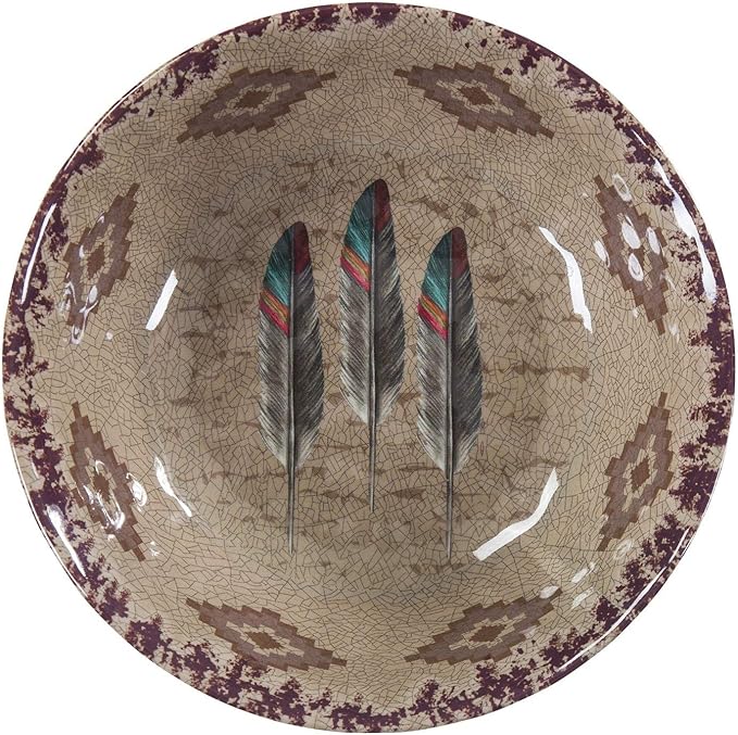 Paseo Road Tossed Feather 14 Piece Melamine Plastic Western Dinnerware Set, Orange Tan Brown Teal Aztec Tribal Print, Southwestern Rustic Dish Set with Plates, Bowls, Serving Dish