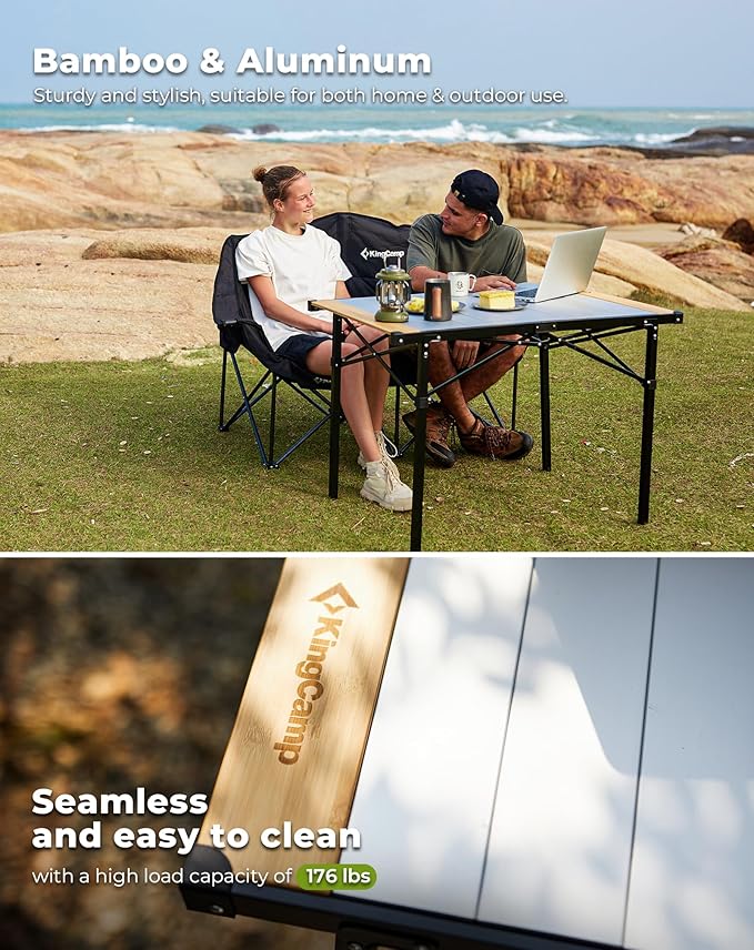 KingCamp Folding Camping Table, Aluminum Roll-Up Camp Table, Large Foldable Table for 4-6 Person, Outdoor Portable Tables with Carry Bag, 176 LBS Heavy Duty Load (Bamboo：40.16“x27.5”，4-6 People)