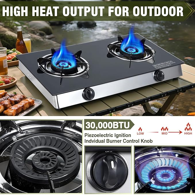 2 Burner Propane Gas Cooktop, Portable Tempered Glass Double Burner Stove with Auto Ignition, 30,000 BTU, CSA Certified Regulator & Hose, Outdoor Camping RV BBQ Kitchen LPG Gas Stove