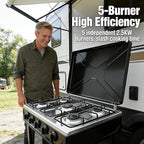 5 Burner Natural Gas Stove Portable Black Camping Stove Manual Ignition Gas Stove with Support Leg Stand and Wind Blocking Cover for RV, Apartment, Outdoor Cooking