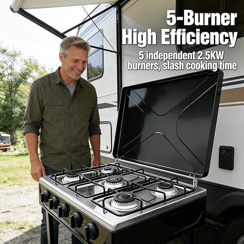 5 Burner Natural Gas Stove Portable Black Camping Stove Manual Ignition Gas Stove with Support Leg Stand and Wind Blocking Cover for RV, Apartment, Outdoor Cooking