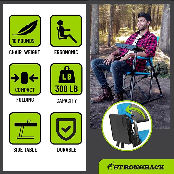 STRONGBACK Outdoor Chair Director Portable Camping Chair with Lumbar Support and Side Table - Heavy-Duty Foldable Chair - Black