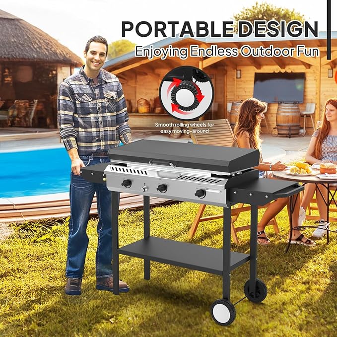 Bonnlo 2-in-1 Propane Stove and Griddle, 3 Burner Outdoor Gas Cooker with Iginition, Storage Shelf and Portable Wheels, 225000BTU Output Camping Stove for Backyard Cooking BBQ Frying and Boiling