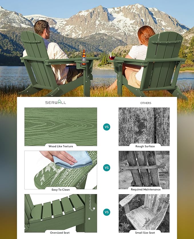 SERWALL Adirondack Chair with Cup Holders - Composite Adirondack Chairs Set of 4 HDPE Outdoor Chairs All Weather Use- Avocado