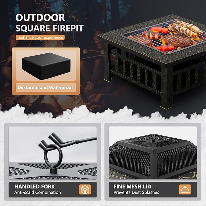Greesum Multifunctional Patio Fire Pit Table, 32in Square Metal BBQ Firepit Stove Backyard Garden Fireplace with Spark Screen Lid and Rain Cover for Camping, Bonfire and Picnic, Copper Green