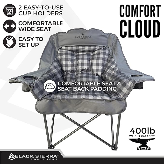 Black Sierra Oversized Camping Chair for Adults – 400 lb Heavy Duty Folding Chair with Cup Holders & Carry Bag