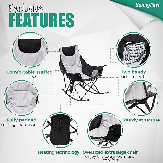 SUNNYFEEL Oversized Heated Rocking Camping Chair 2 Pack, Fully Padded Patio Chair with Side Pocket, High Back Portable Lawn Recliner with Carry Bag, Outdoor Rocker Chair for Adults Heavy Duty 500 LBS