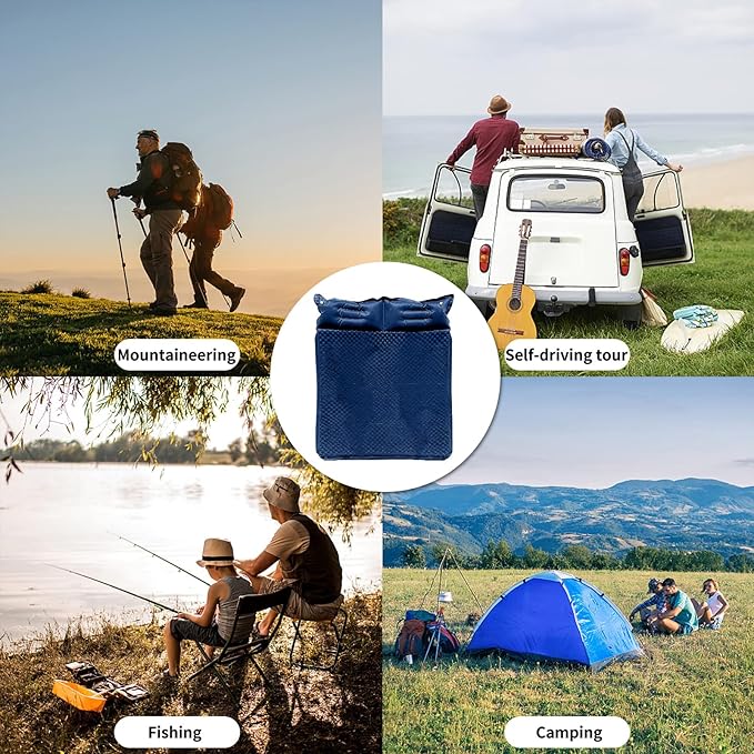 Double Camping Sleeping Pad with Pillow, 2" Memory Foam Camping Mattress 2 Person, 5R Insulated Self Inflating Camping Pad, Air Mattress Inflatable Sleeping Mat for Tent, Backpacking, Hiking (Blue)