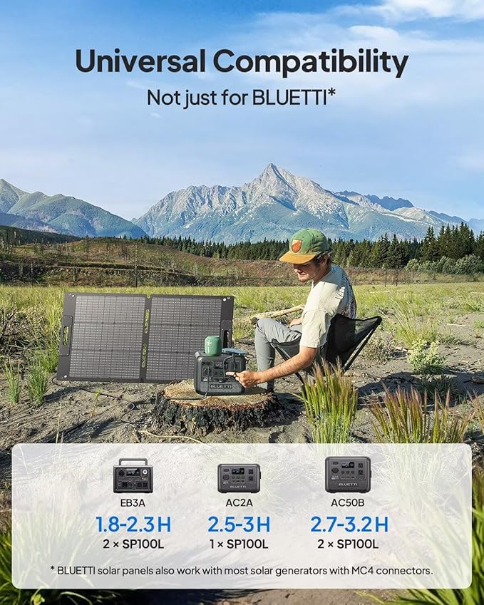 BLUETTI 100W Solar Panel for Solar Generator EB3A AC2A AC50B AC70 AC180 AC200L Elite 200 V2 AC300 B300K Handsfree 1 & 2, Foldable Solar Charger with Adjustable Kickstands for RV, Camping
