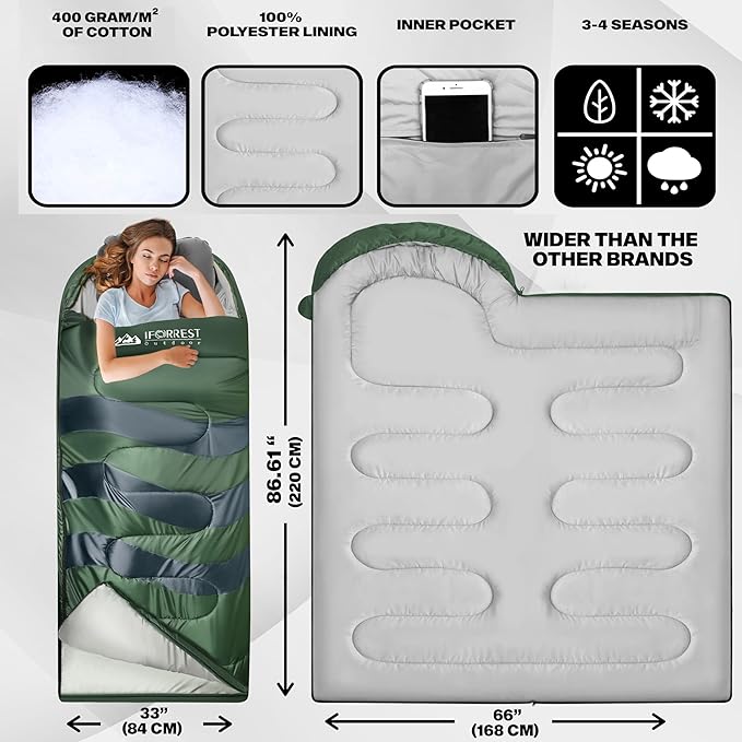 IFORREST Sleeping Bag - Single-Person Cold Weather Camping Sleep Bag for Adults and Teens - XXL 33in/ 40" - Extra-Wide & Warm for Big & Tall - All-Season Comfort