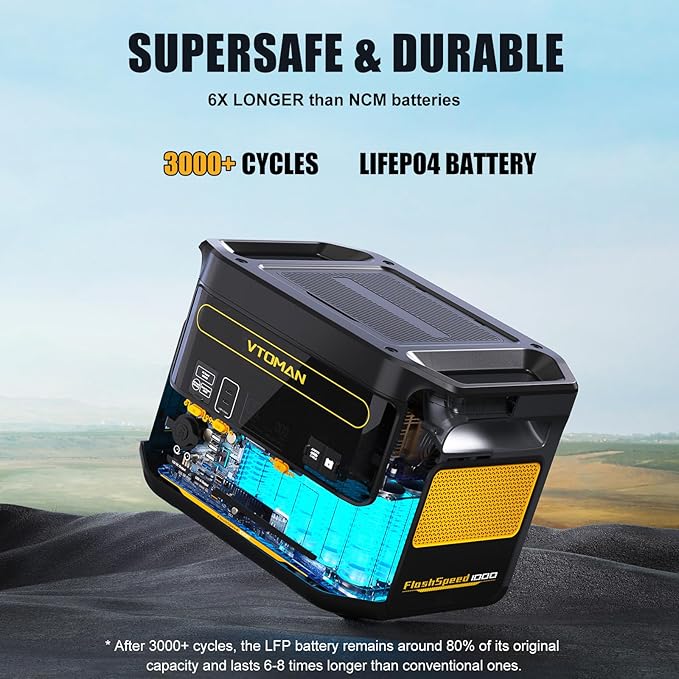 VTOMAN FlashSpeed 1000 Solar Generator 1000W/828Wh with 110W Solar Panel - LiFePO4 Battery, Expandable to 2376Wh, IP67 Waterproof Solar Charging for Extended Off-Grid, Home Backup, Camping, RV