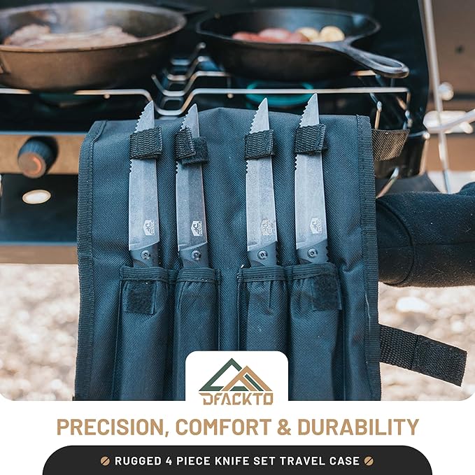 DFACKTO 4-PC Tactical Rugged 4.5 Inch Steak Knife Set - High Carbon Stainless Steel Stonewashed Knives in Kit, w/Black Travel Case & G10 Handles for Kitchen Cutlery for Camping & Cooking Utensils