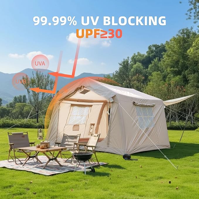 KEIKI Oxford Hot Tent for Camping, 2/3/4/6/8 Person Large Inflatable Tents w/Detachable Canopy, 4 Season Waterproof Tent for Hike Backpacking, Stove Jack AC Port, Mesh Doors Windows, Pump, Easy Setup