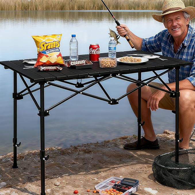 Camping Table Roll up Table,4-6 Person Portable Adjustable Height Roll up Aluminum Table with Carry Bag