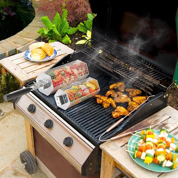 Grill Baskets 2PCS 304 Stainless Steel with Removable Wooden Handle Hexagon Design for BBQ Camping & Outdoor Cooking Accessories, Great Gift for Grill Lovers