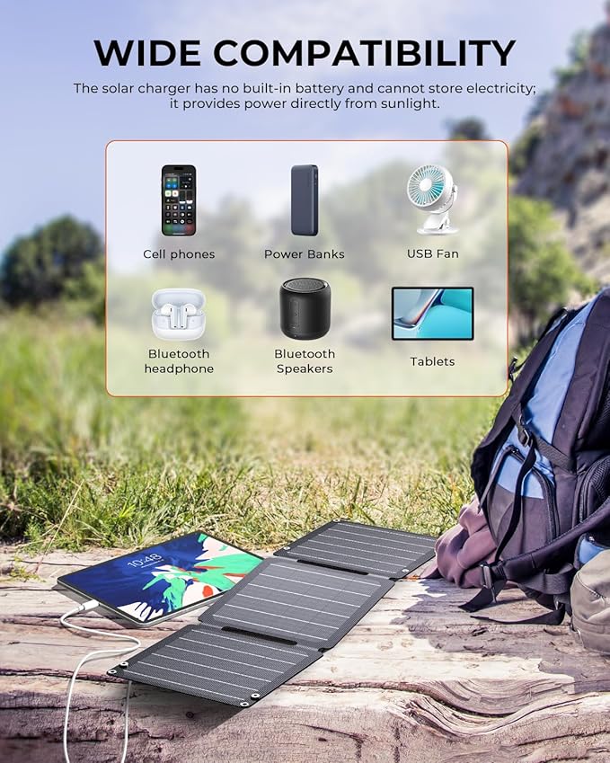 21W Solar Panel Charger BigBlue SolarPowa 20 Portable Solar Charger with USB-A/USB-C Ports, IP68 Waterproof, High-Efficiency Lightweight Foldable Solar Panels for Phones, Tablets, Camping, Backpacking