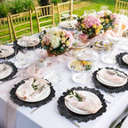 Rtteri 50 Pcs 13 Inch Charger Plates Bulk, Plastic Charger Plates with Floral Reef Design, Round Ruffled Rim Decorative Dinner Tableware for Wedding, Party, Event Table Decor(Black)