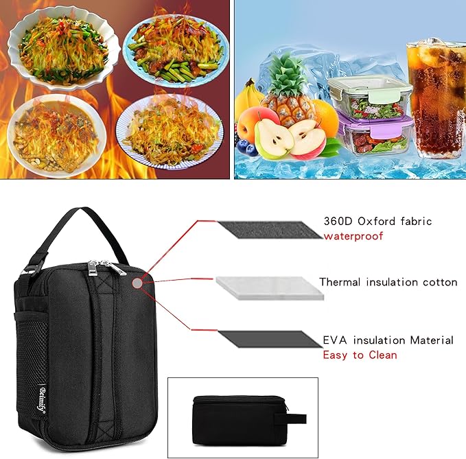 BEIMILY Mini Insulated Lunch Bag for Women Men, Portable Refrigerated Lunch Box,Soft Insulated Tote Cooler Bag for Work Camping Hiking Beach Picnic with Comfort Handle and Removable Hand Strap(Black)