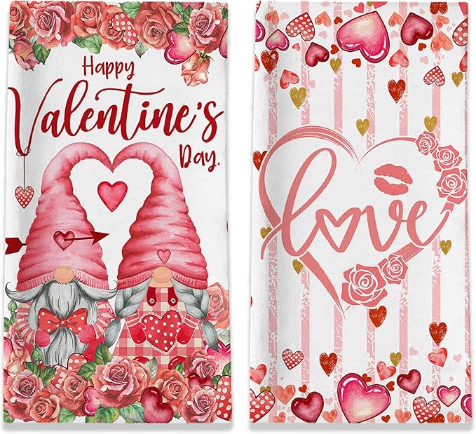 Valentines Day Kitchen Towels, Valentine Towels Set of 2, Gnomes Love Hearts Roses Happy Valentine's Day Hand Dish Tea Towels for Bathroom Housewarming Gifts Decorations for Home (18x28 Inches)