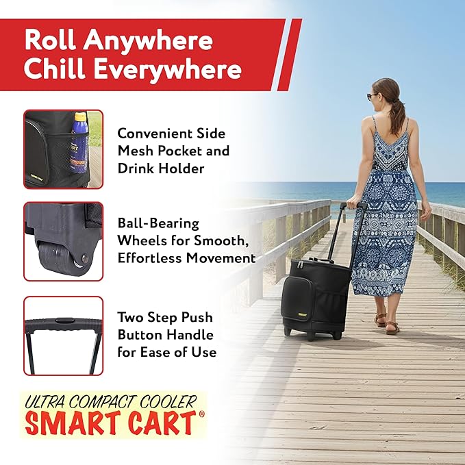 Ultra Compact Cooler Smart Cart with Wheels - Collapsible Insulated Cooler Bag - Foldable Travel Cooler 36 Cans - Leak Proof Trolley - Black