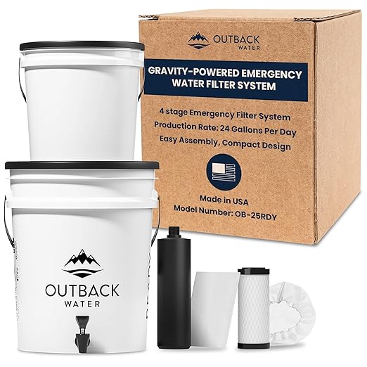 Outback Water Emergency Drinking Water Filter System - Gravity Fed Bucket Potable Water Filtration for Survival, Off-Grid, Disaster Preparedness, Travel, Camping, Bug Out Kit, Up to 24 Gallons a Day