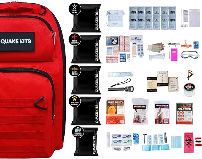 Quake Kits Earthquake Emergency Kit, Go Bag Emergency Backpack, Survival Kits for Disaster Preparedness, 72 Hour Food, First Aid, Water for Hurricanes, Tornado, Storm, Blackout