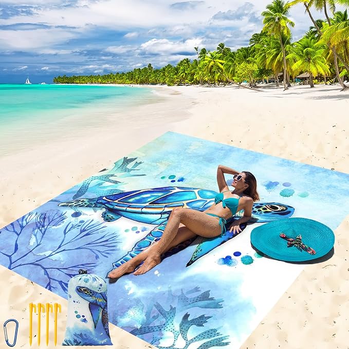 Beach Blanket Waterproof Sandproof Beach Mat 79" X 83"/10'x9'for 2-8 Adults Quick Drying Outdoor Picnic Mat Beach Accessories for Travel, Camping, Hiking