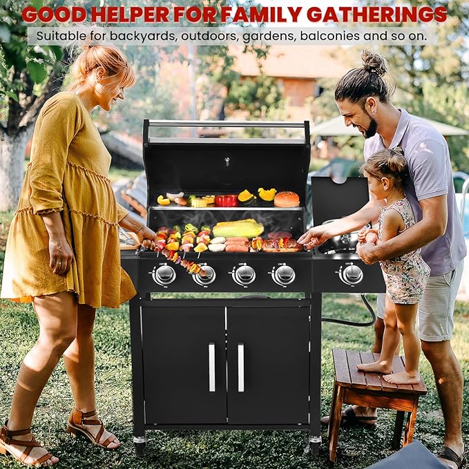 4-Burner w/Side Burner Gas Grill with 292 SQ.IN. Outdoor Grill with 44,000 BTU,Propane Grills with Top Cover Lid,Grills Outdoor Cooking for Patios,Camping,Balcony-Q043