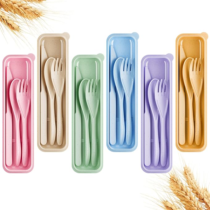 Quatish Reusable Travel Utensils with Case,6 Sets of Camping Utensils,Portable Wheat Straw Utensil (Knife, Fork, Spoon) for Lunch Box,Kitchen, Travel, Picnic & Daily Use - Easy to Clean (Multi-Color)