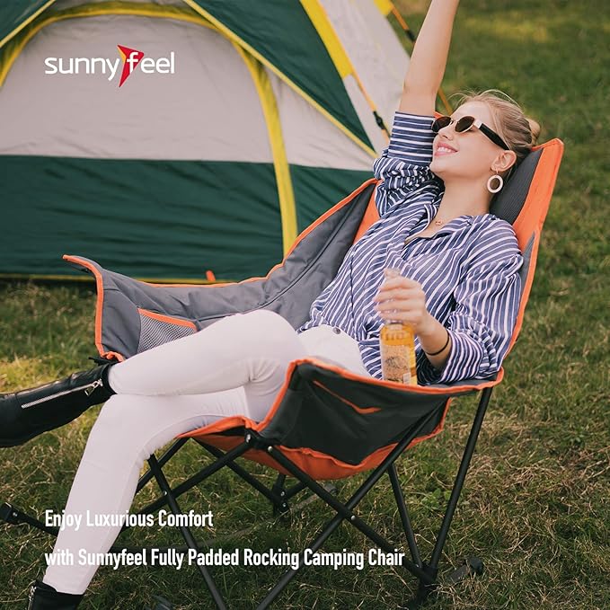 SUNNYFEEL Oversized Rocking Camping Chair, Fully Padded Patio Chair with Side Pocket, High Back Portable Lawn Recliner with Headrest, Outdoor Camp Rocker Chairs for Adults Heavy Duty 500 LBS Carry Bag