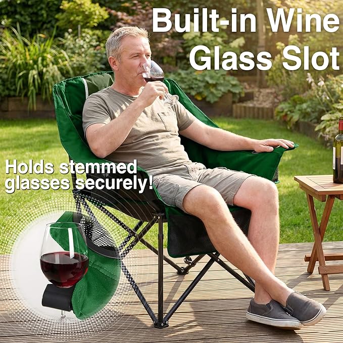 Oversized Camping Chair for Adults - Heavy Duty 400 lbs Padded Folding Chair with Wine Glass Holder, 2 Cup Holders & Side Pockets, Portable Carry Bag for RV, Tailgating, Lawn