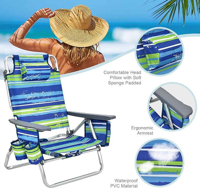 COSTWAY Backpack Beach Chairs, 4-Pack Portable Camping Chairs with Cup Holder, Ice Bag, 5-Position Outdoor Reclining Chairs for Adults, Travel, Sunbathing, Support 300 LBS, Blue & Green