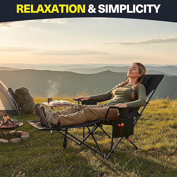 2025 Upgraded 2-in-1 Reclining Camping Chair with Footrest, Folding Beach Lounge Chair with Adjustable Backrest & Cooler, Portable Lawn Chairs for Adults Heavy Duty for Outdoor Sports