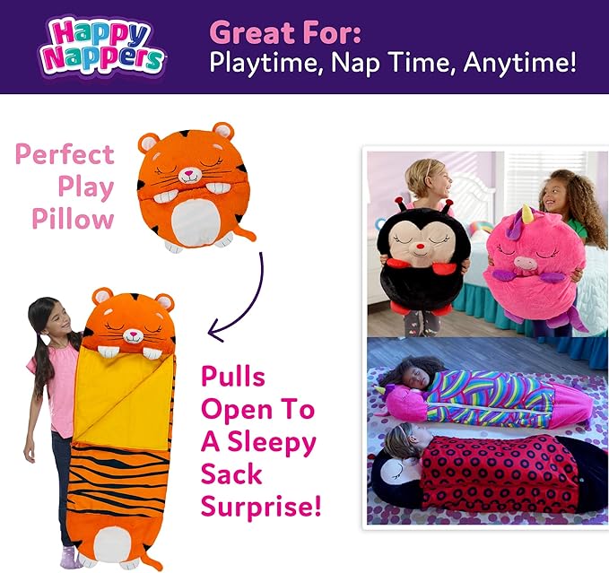 Happy Nappers: Pillow & Sleepy Sack: Large - Tiger Tobi - 66 x 30, 2-in-1: Plush Animal Opens Into Sleeping Bag, Soft Play & Nap Character, Kids 3+